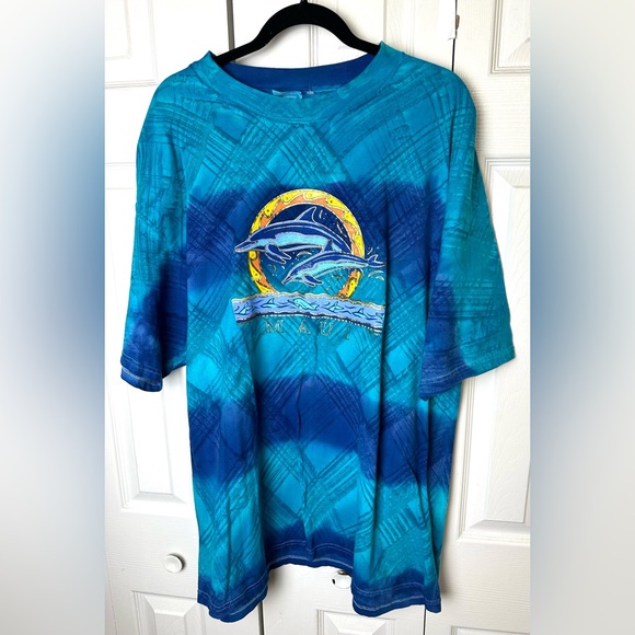 Vtg MAUI Sunset T-Shirt Hanes Beefy T Tee Tie Dye Dolphins Blue Gold Vintage - Picture 1 of 9